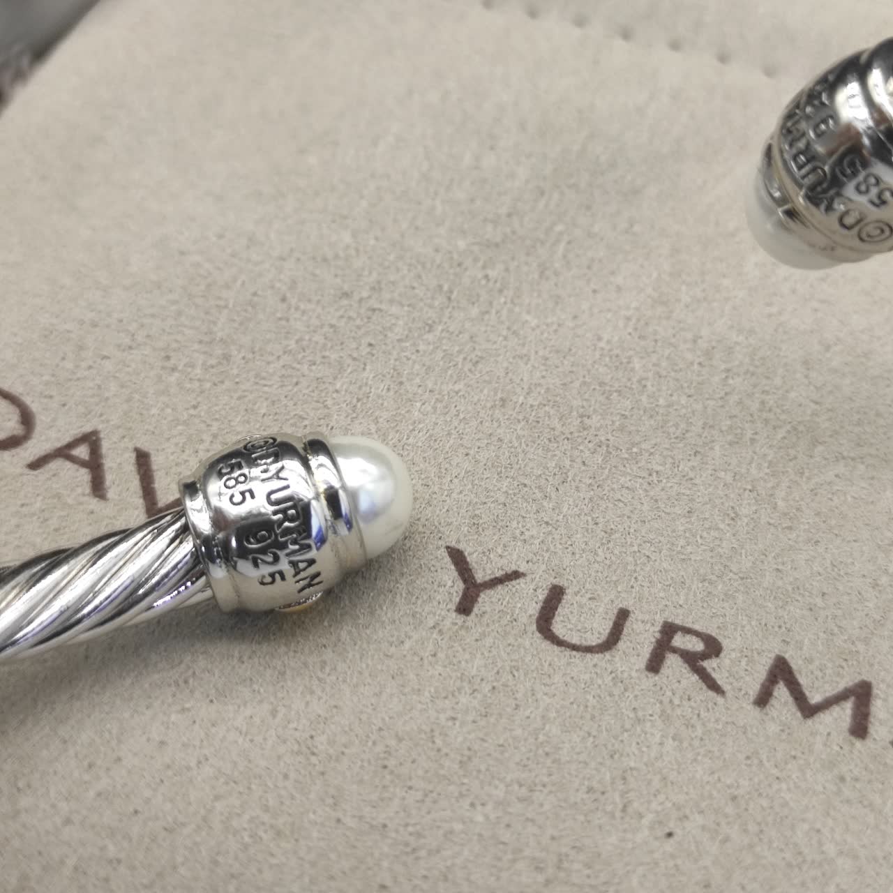 David Yurman Silver Cable Wire Bangle Bracelet with Pearl Ends